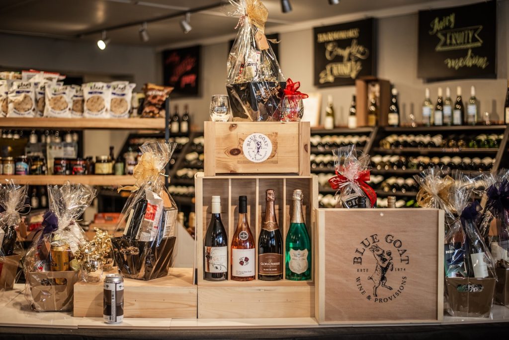 An arrangement of custom, hand-made gift baskets from the Blue Goat.