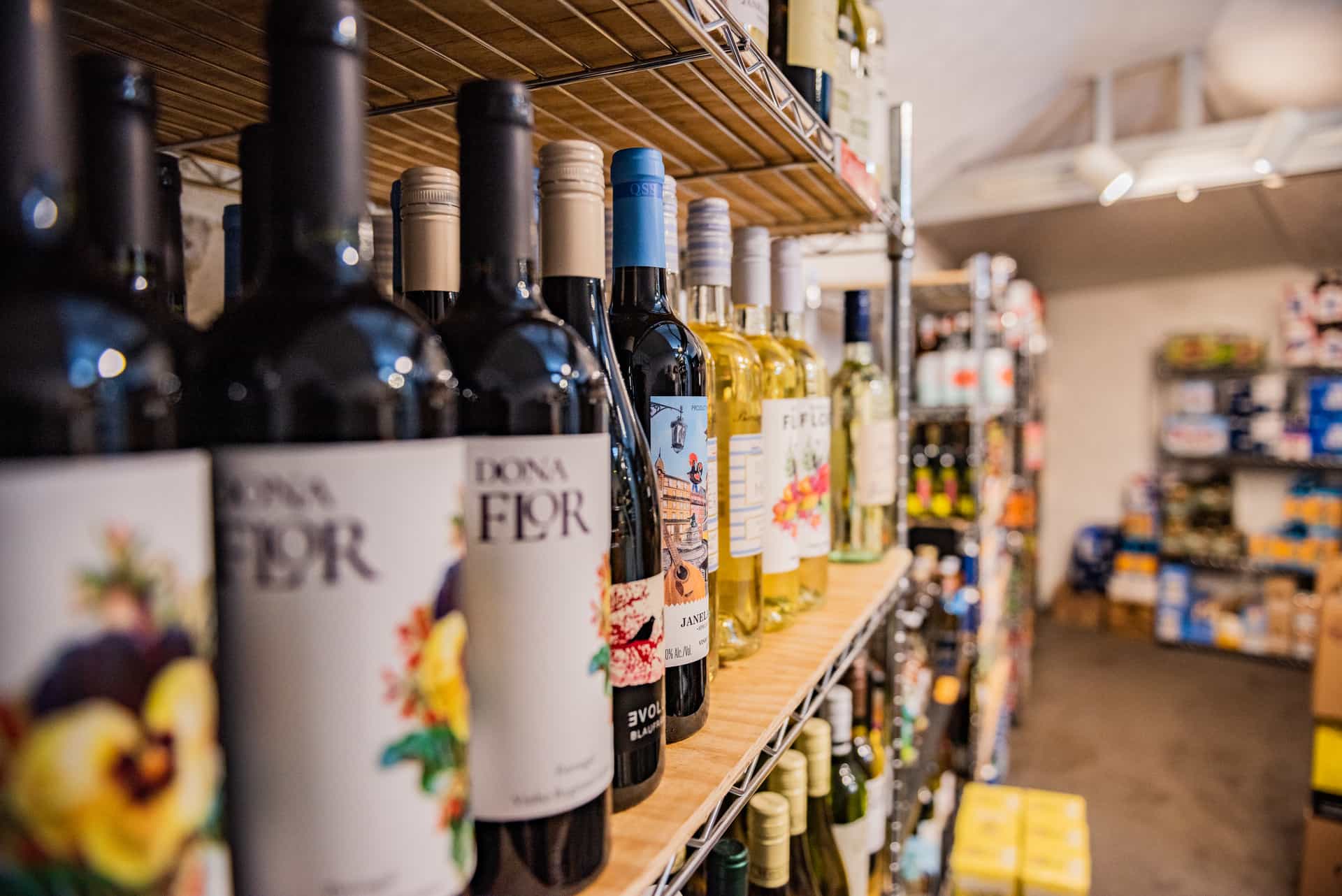 A display rack of wine bottles in the Blue Goat.